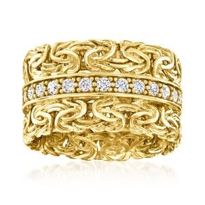 Byzantine 18kt Gold 925 Sterling Silver Filigree Wide Band Ring CZ Diamonds sz 5